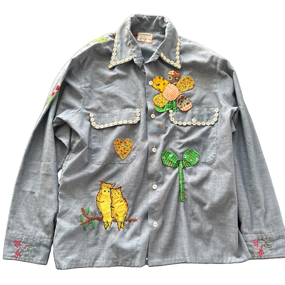 Vintage JcPenney Big Mac Flower Lace trim Button Up Shirt Womens MEDIUM Chambray